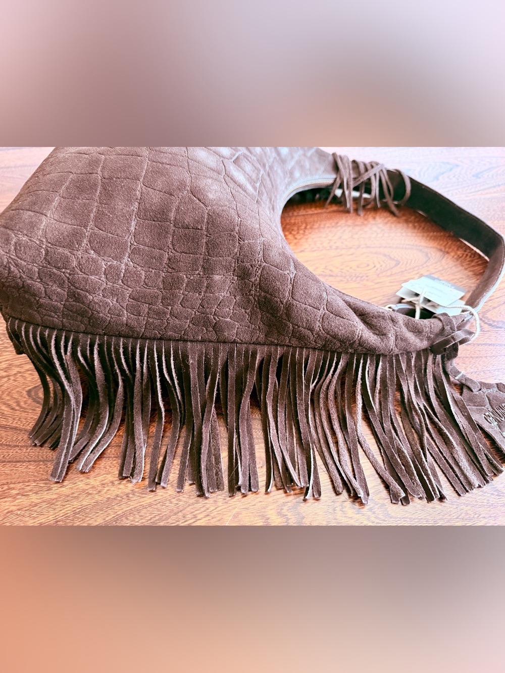 Haute Hippie Rich Espresso Croc-Embossed Suede Shoulder Bag with Fringe - Picture 7 of 9